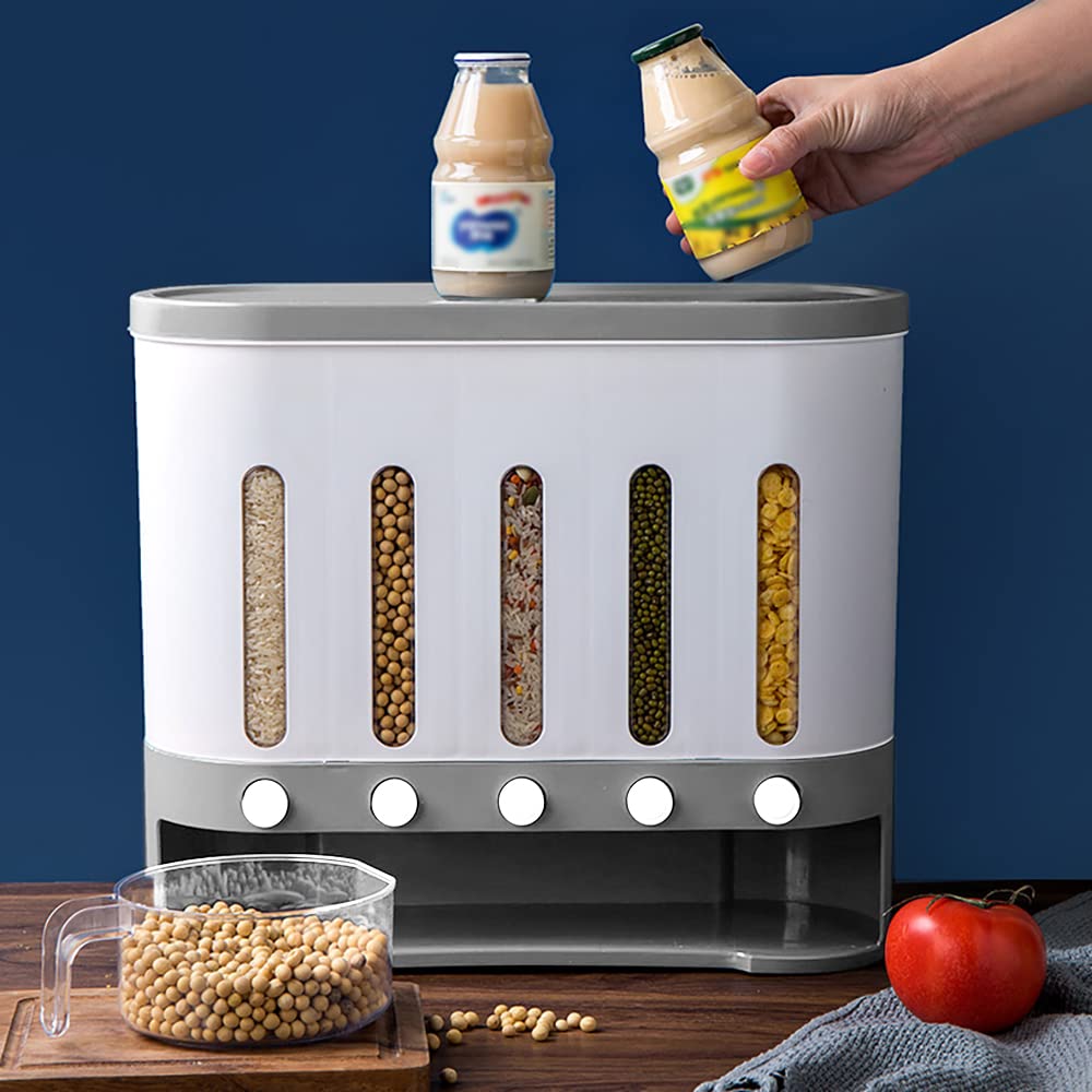 WSIKGHU 18L Grain Dispenser Dry Food Storage Box Cereal Dispenser Container 5 Grid Moistureproof Tank Transparent Storage Tank Dispenser with Measuring Cup Storage Box with Lid