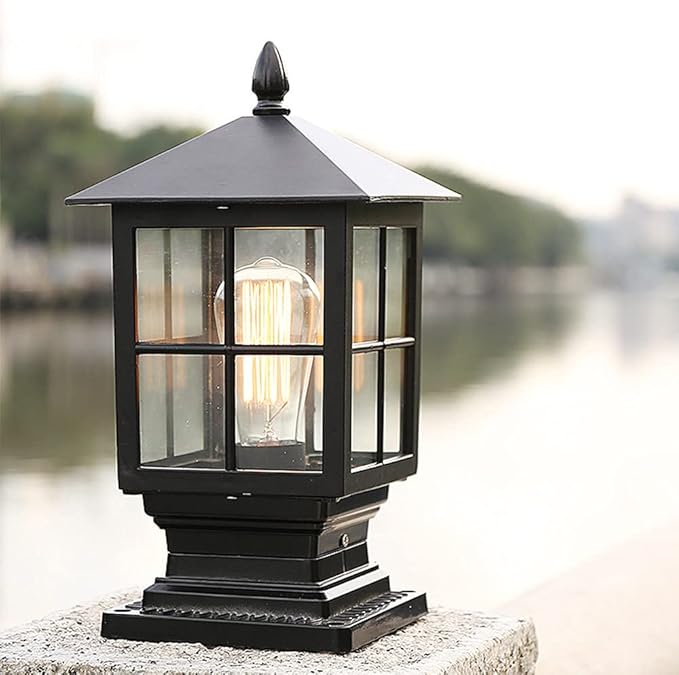 Mengjay Buitenlamp, vloerlamp in antieke look, gegoten aluminium in zwart met heldere glasruiten, rustieke tuinpadverlichting in retrostijl, waterdicht IP55, retro/vintage tuinverlichting (Zwart, Stijl.A) photo 2