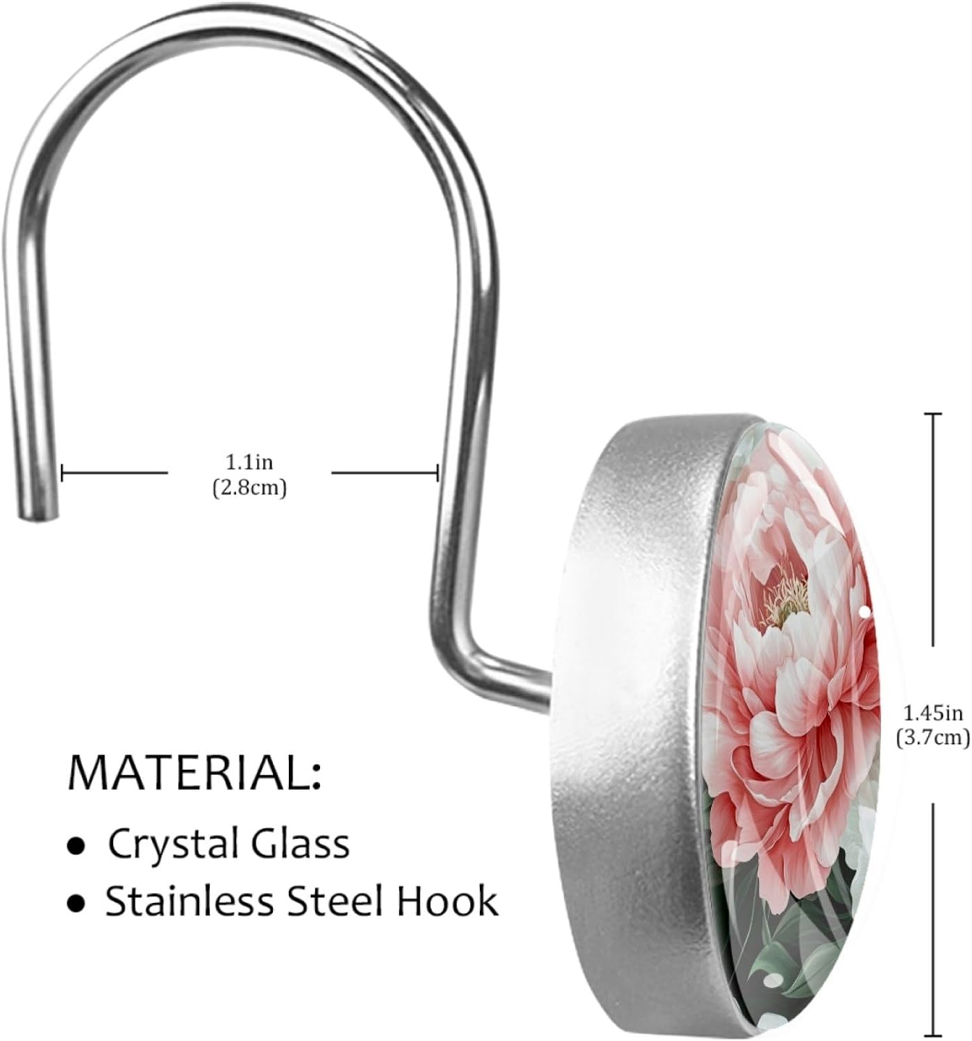 12 Pcs Shower Curtain Hooks, Peonies Pretty Rustproof Decorative Metal Round Shower Curtain Hangers Rings for Bathroom Bedroom Living Room Rods