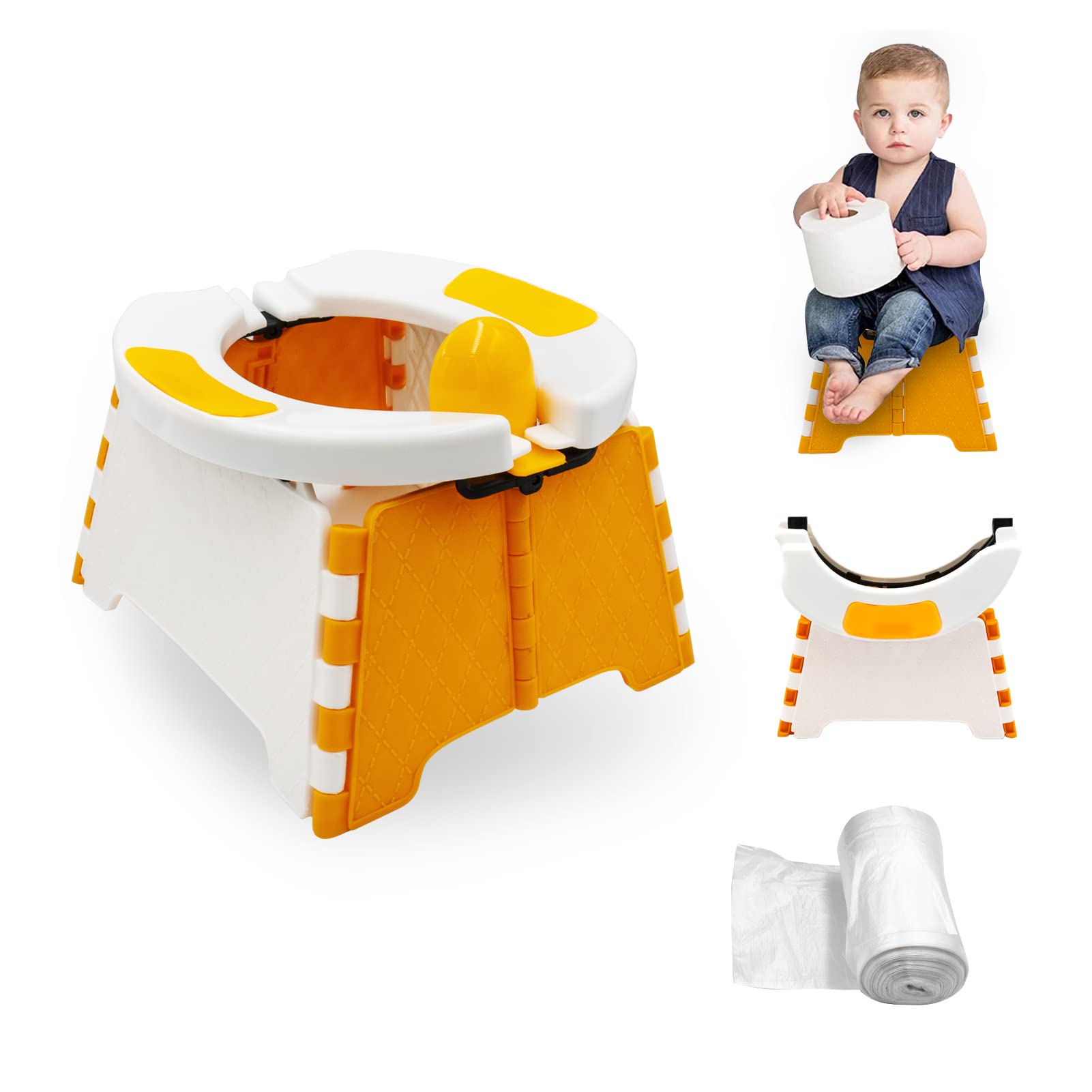 Portable Potty for Toddler Travel, Foldable Potty Training Seat for Boys Girls with 60pcs Trash Bag, Toddler Potty Chair for Home, Car, Outdoor Travel, Picnic, Beach (Orange)