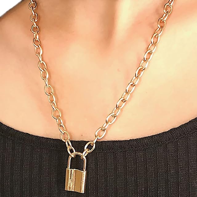 Junhouse Padlock Necklace Stainless Steel Lock Chain Punk Necklace Chic Gifts for Men Women Silver Gold (Gold,one size)