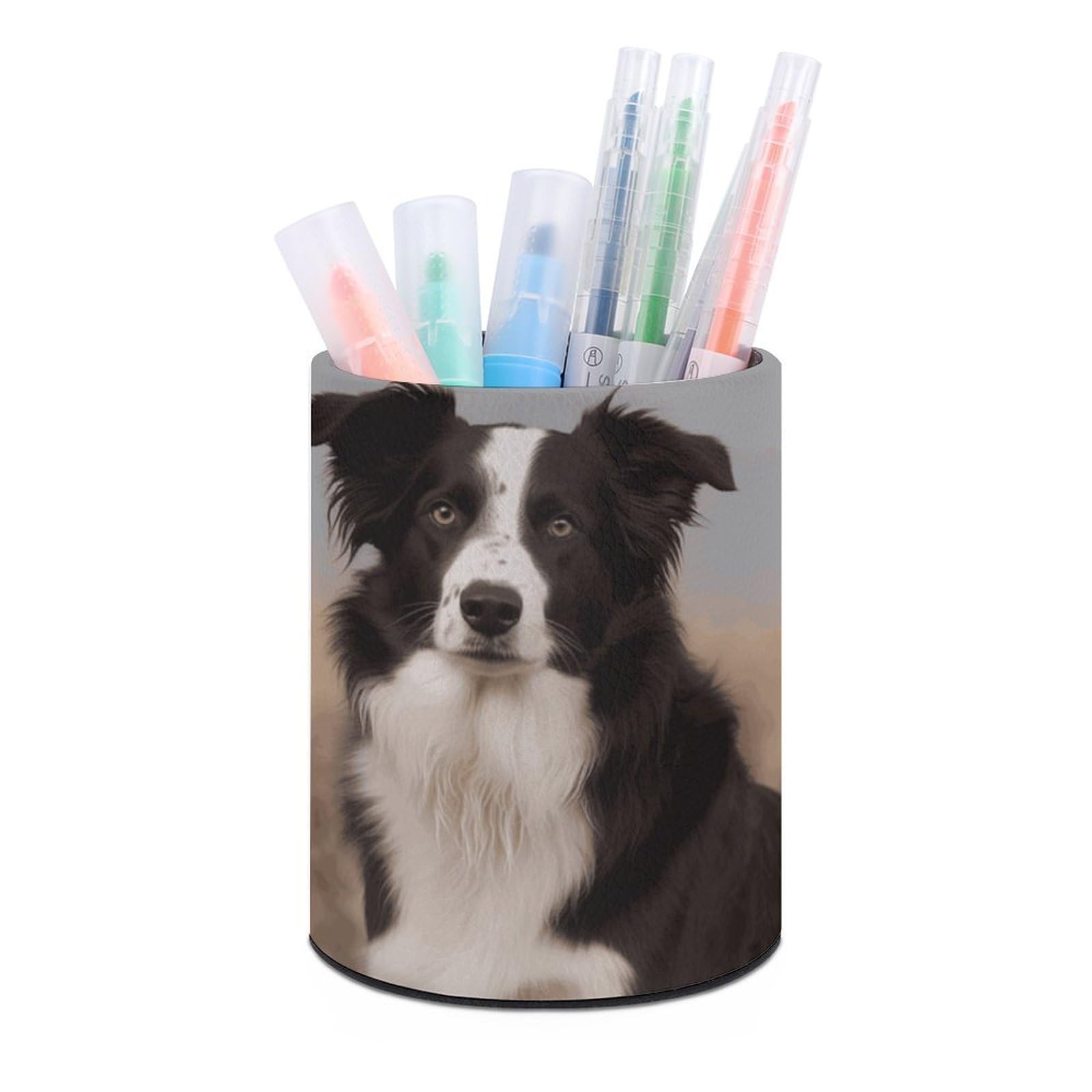 DWVTSLH Aesthetic Pen Holder for Desk - Modern Leather Pencil Holder - Stylish Round Makeup Brush Holder - Border Collie Pen Cup Cute And Functional Desk Organizer for Office Supplies