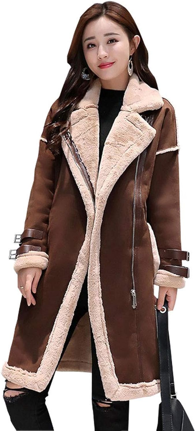 utcoco Womens Insulated Slim Fit Lapel Fleece Sherpa Slant-Zip Faux-Suede Leather Midi Long 