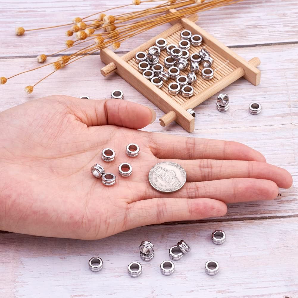 Fashewelry 50Pcs 304 Stainless Steel Large Hole Spacer Beads 8x4mm Column Grooved European Paracord Beads for Lanyard Snake Chain Leather Bracelet DIY Jewelry Making Findings Hole: 5mm - Image 3