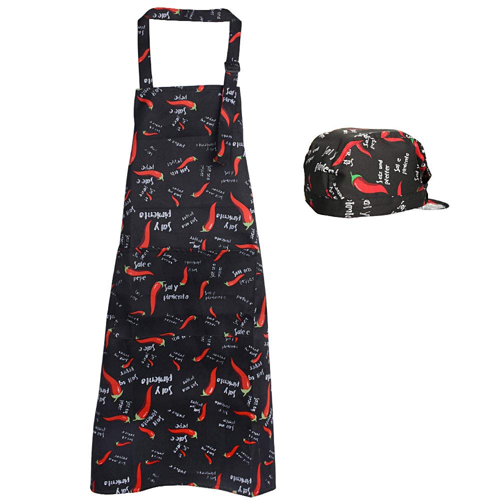 Kit Delantal de Cocina + Gorro de Cocina Delantal Babero Delantal Largo con Bolsillo Negro para Hombre Mujer Unisex Chef Cocinero Camarero Hogar Restaurante Bar Pandería Hotel