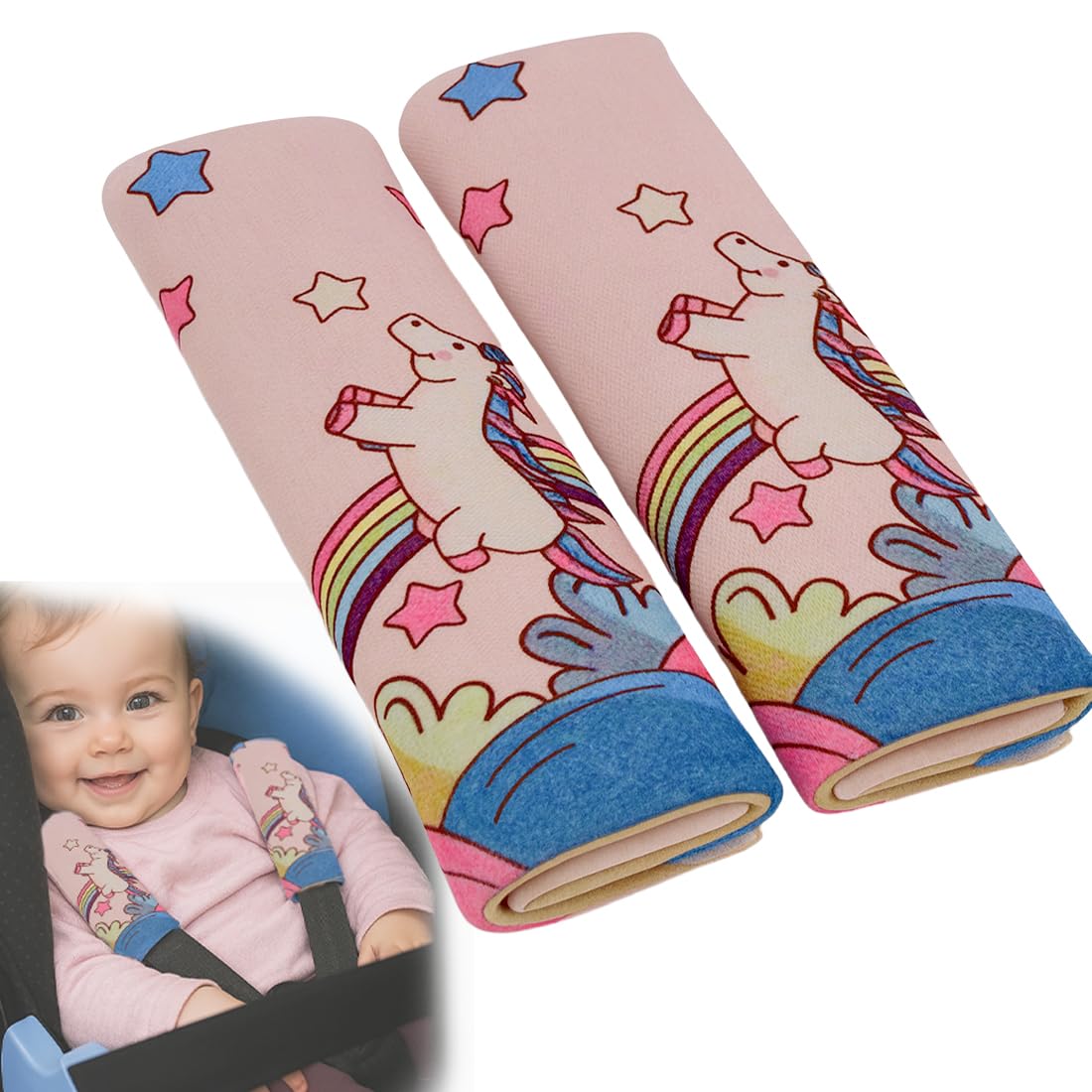 2 Piezas Protector Cinturon Coche Niños, Almohadilla Cinturon Coche, Coche Protector Cinturon Niños Almohadilla, Almohadilla para Coche con Dibujos de Unicornio para niños,