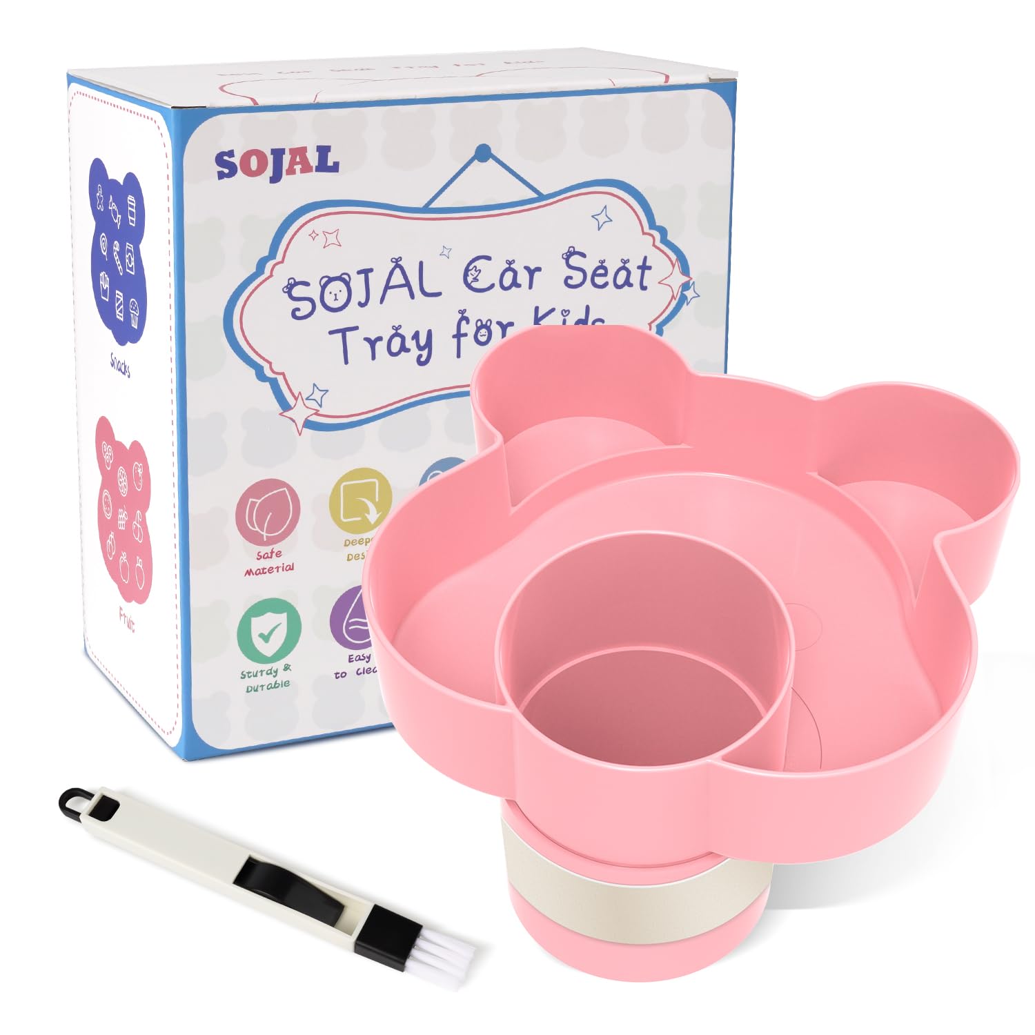 BlueOrigin Kids Car Seat Snack Tray, 360° Adjustable Car Seat Food Tray with Cupholder, Quick Attach Travel Holder Plate for Car Seats, Strollers and Outdoor Chair, Great Gift for Boys and Girls (Pink)