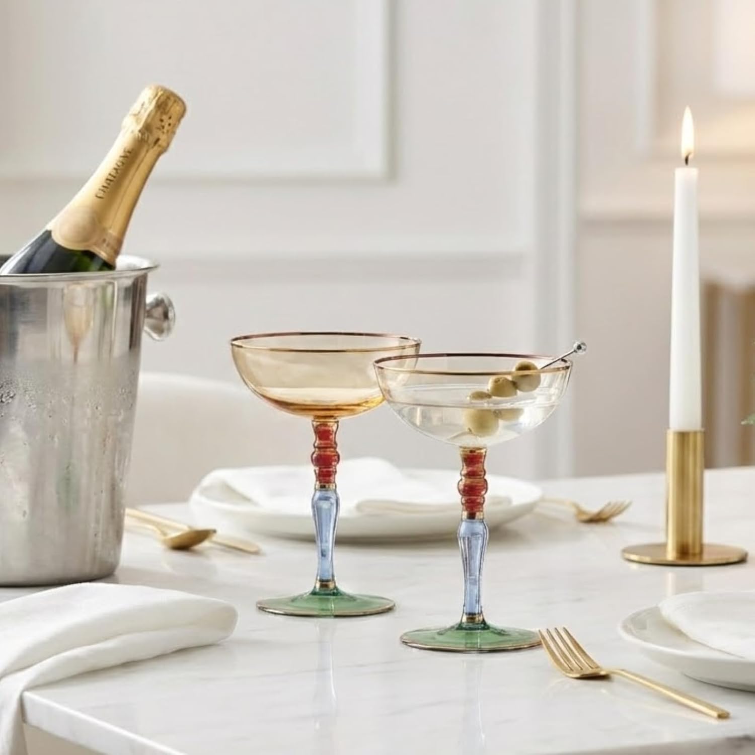 Italian Design Renaissance Amber Cocktail, Martini & Champagne Coupe Glasses (Set of 2) – 7.8oz Gilded Vintage Artisan Saucers, Elegant Wide-Bowl Multicolor Gold Rim Stemware, Weddings & Luxury Gifts