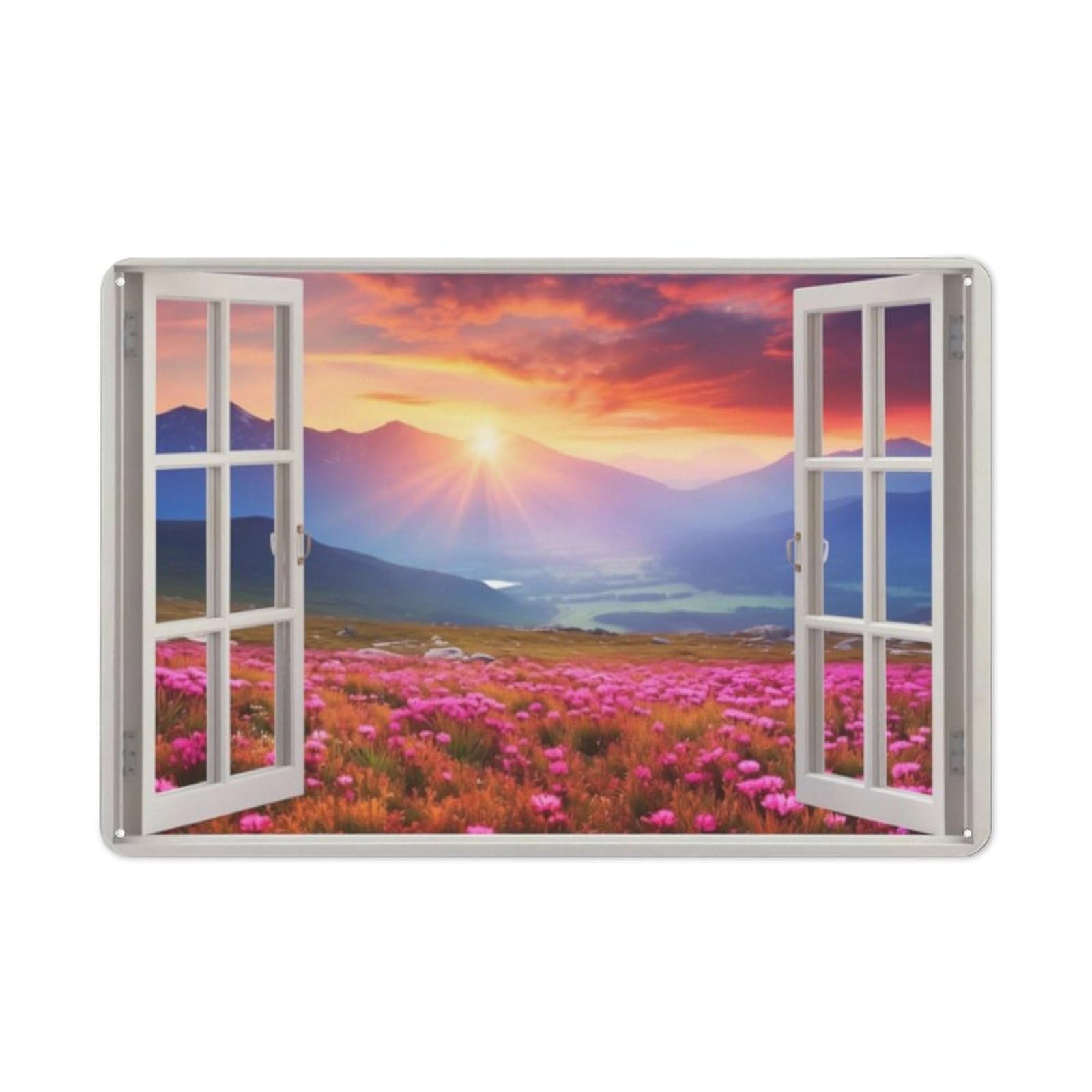 Rustic Metal Tin Sign, Purple Flower Field Window View Painting, Modern Home Scenery Wall Decor 12x8 Inch