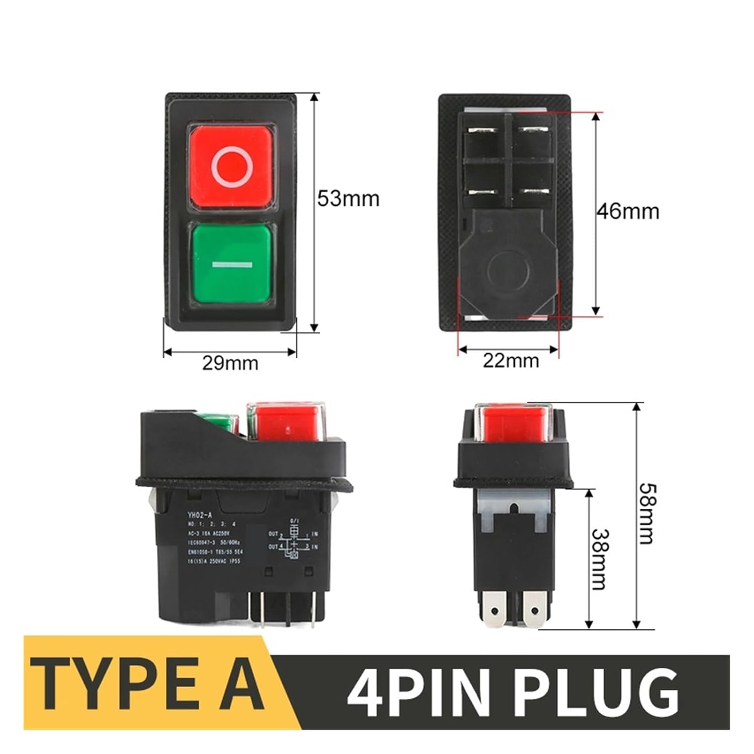 YH02-A 110V 8A / 220V 15A 4PIN 5PIN Electromagnetic Switch Starter Push Button Large Panel for Machine Tool Equipment Waterproof