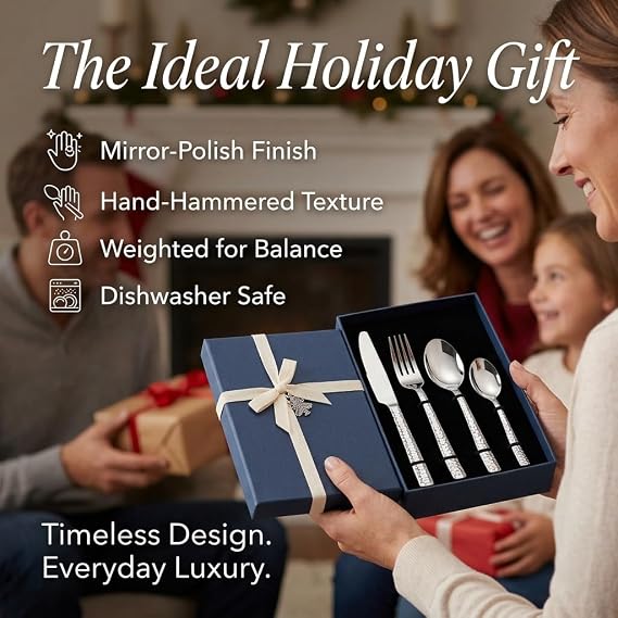 Tieplis 16 Piece Hammered Cutlery Set, 18/10 Stainless Steel Flatware Set for 4, Silverware Set with Knife Fork and Spoon, Heavy Duty, Mirror Polished & Dishwasher Safe for Home Restaurant