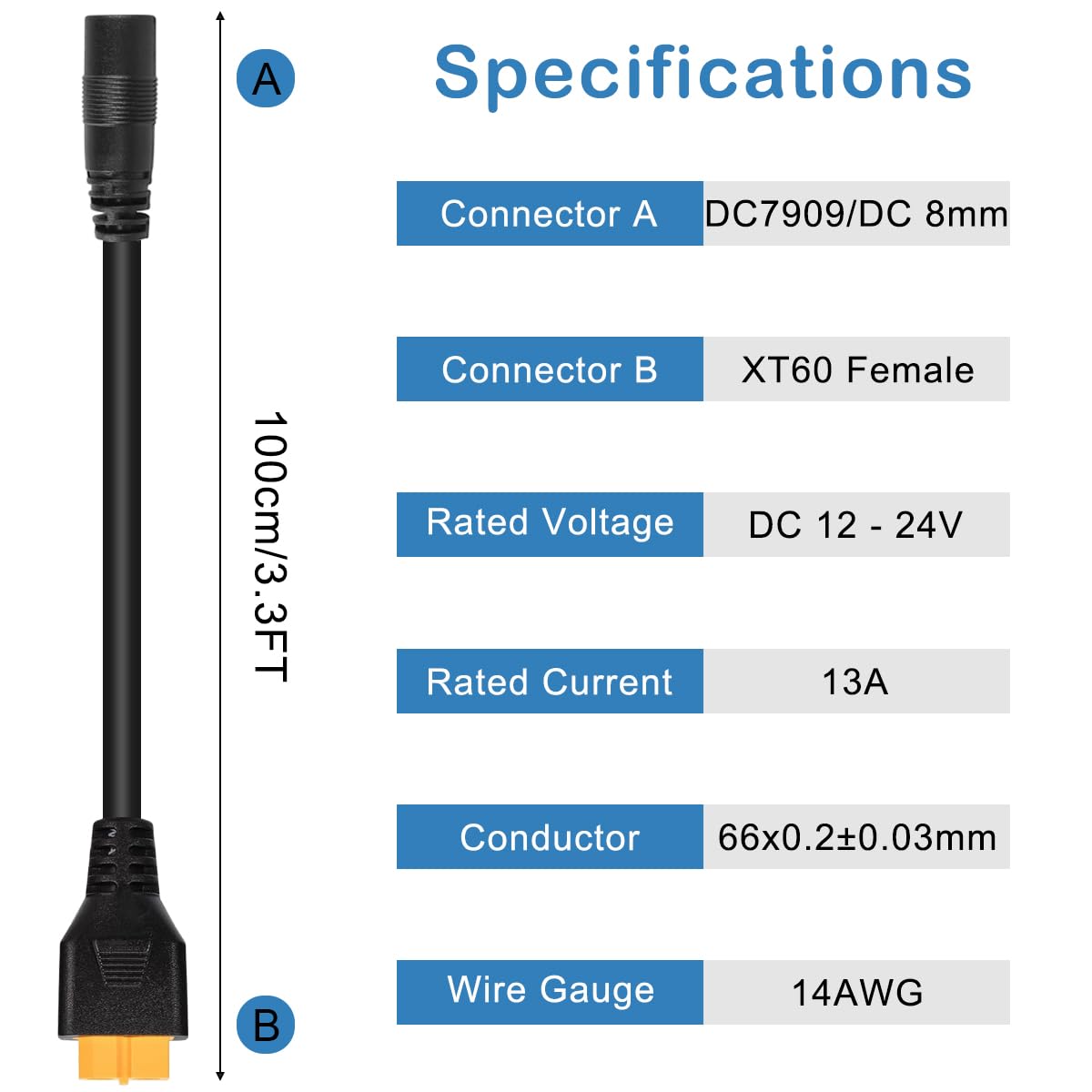 Kabel zasilający DC 8 mm na XT60, gniazdo 14 AWG DC7909 na gniazdo XT60, kabel wtyczki adaptera do modułów słonecznych, przenośna elektrownia, akumulator RC Lipo, przenośna elektrownia (1 m)