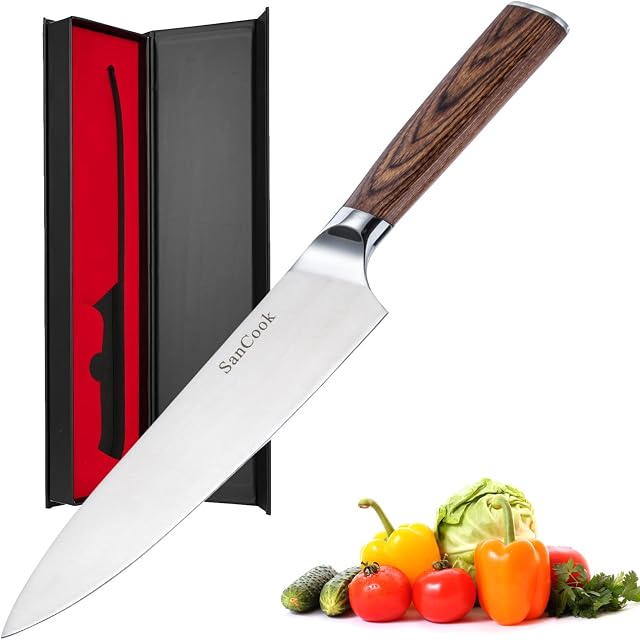 SanCook Kitchen Knife Chef Knife Vegetable Knife 8 Inch, Ultra Sharp Professional Kitchen Knives High Carbon Stainless Steel Knife with Ergonomic Handle Sharp Forged Blade Cooking Knife Gift Box