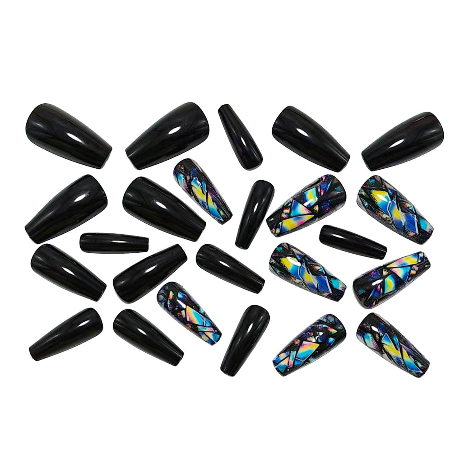 Medium Press on Nails Coffin Fake Nails with Blue Yellow Lines Designs Glossy Nails Press ons Black Full Cover Glue on Nails Acrylic Artificial Stick on Nails for Women 24Pcs