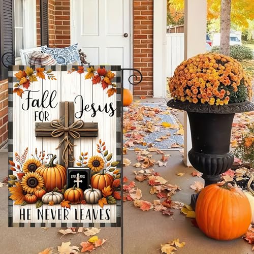 Image of Fall Garden Flag Double Sided 12x18 Flag Jesus Cross Fall Religious Pumpkin Garden Flag Patio Lawn Sunflower Exterior Decor Jesus Autumn Yard Lawn Flag