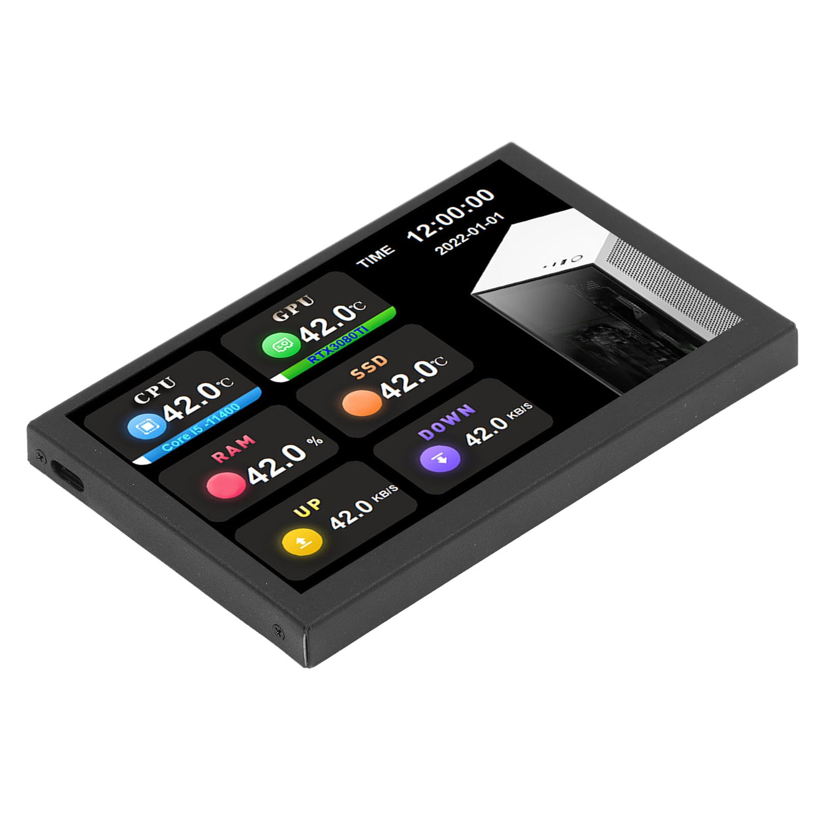 Mini Ekran IPS 5 Cali z Wyświetlaczem Temperatury USB, Monitor 800x480, Obudowa Aluminium, Porty Type-C i USB, Czarny Ekran