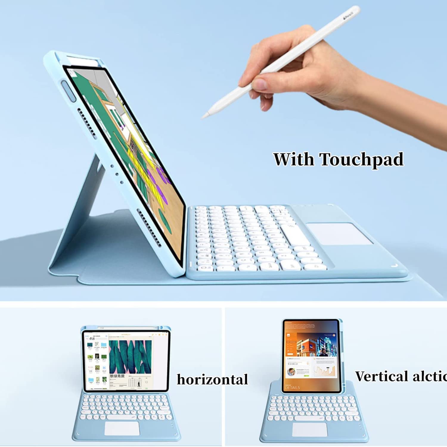Etui na klawiaturę do iPad 10,9 cala Air 5th Gen / 4th Gen 2022/2020 z touchpadem Pozioma/pionowa podstawa Magnetyczna, odłączana klawiatura Bluetooth Slim Clear Back Cover,Mist blue