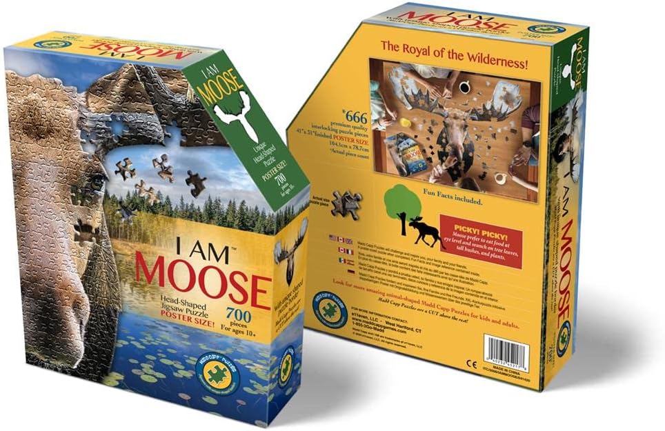 Madd Capp MOOSE 700 Piece Jigsaw Puzzle For Ages 10 and up - 3006 - Unique Animal-Shaped Border, Poster Size, Challenging Random Cut, Five-Sided Box Fits on Bookshelf, Includes Educational Fun Facts