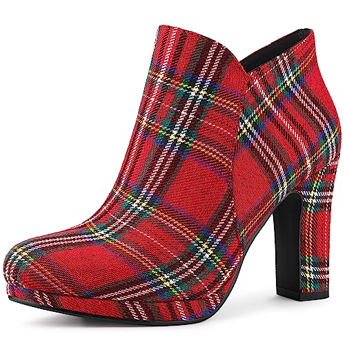 Allegra K Women's Round Toe Chunky Heeled Red Ankle Heel Boots 7.5 M US