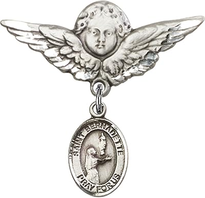 Sterling Silver Baby Badge with St. Bernadette Charm and Angel w/Wings Badge Pin 1 1/8 X 1 1/8 inches