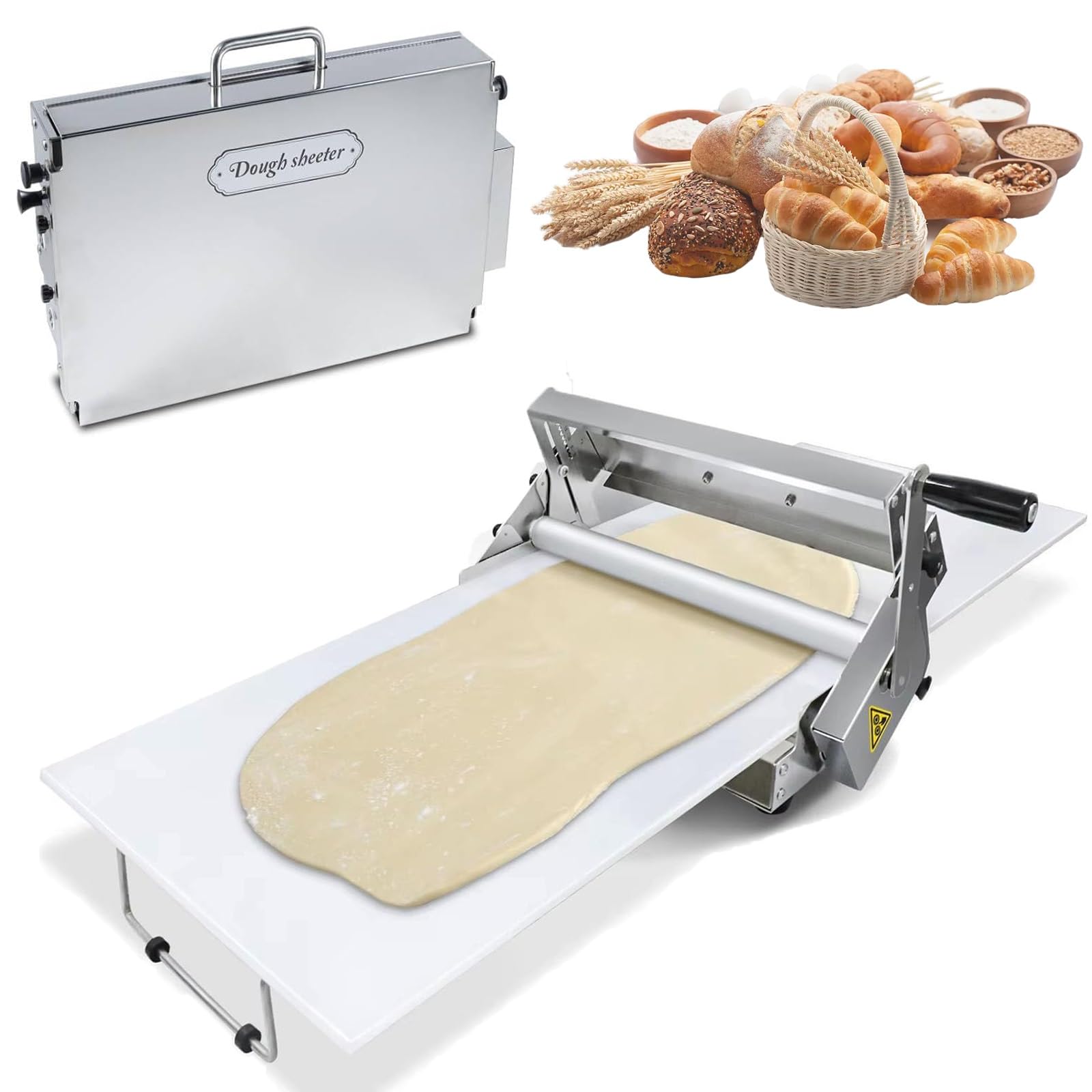 Sfogliatrice per pasta in acciaio inox, pieghevole, spessore regolabile 0-20 mm, rullo per pasticceria per uso domestico e professionale.