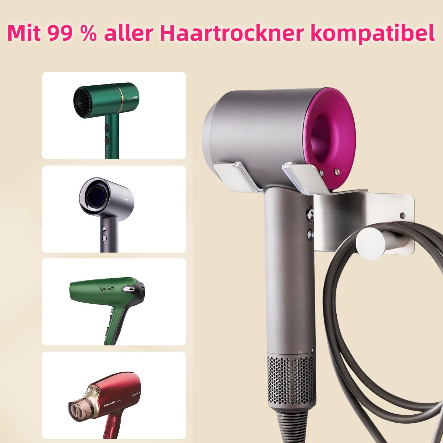 Support Pour Sèche-cheveux Sans Perçage - Acier Inox 304 - Fixation Adhésive Ou Vis - Crochet Câble - 7