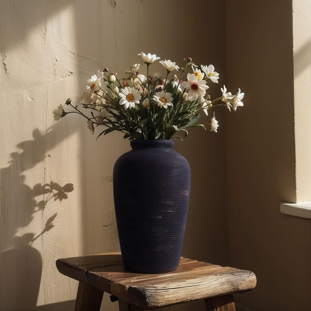11” Large Ceramic Rustic Vase, Vintage Distressed Minimalist Decorative for Home Decor, Living Room, Entryway, Shelf, Table Centerpiece, Modern Farmhouse & Boho Style - Image 4