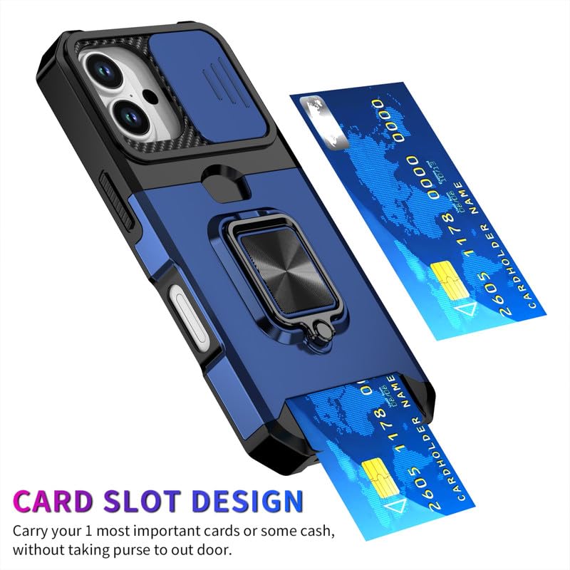 Image of LuxuryKase Shockproof Armor Case for iPhone 17 | Slide Camera Cover | Hidden Card Slot | Rotating Ring Kickstand | Magnetic Car Mount Support | Military Grade Protection - Blue