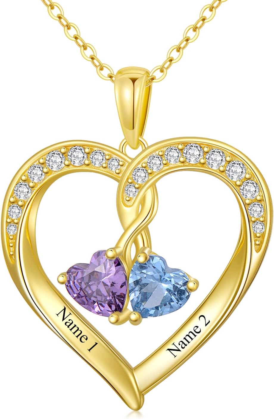 10K 14K 18K Solid Gold Personalized 1-4 Birthstone Heart Necklaces for Women Engraved Name Heart Necklace Birthday Mothers Day Jewelry Gifts for Mom Wife Her