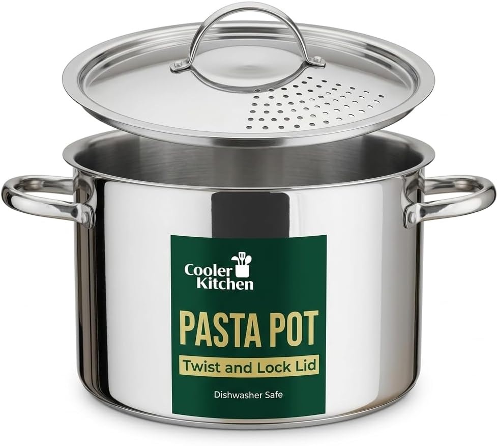 Stainless Steel Pasta Pot with Strainer Lid — 5.5 Qt Large Capacity Spaghetti Pot with Twist Lock Lid — Deep Cooking and Stock Pots for Boiling, Dishwasher Safe By Cooler Concepts