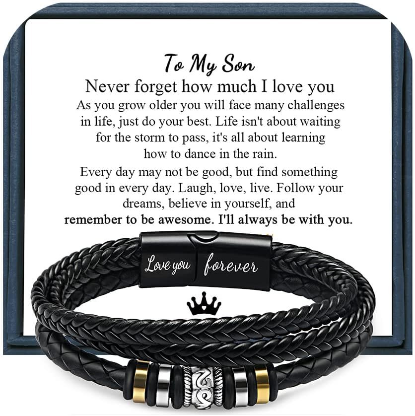 𝐋𝐞𝐚𝐭𝐡𝐞𝐫 𝐁𝐫𝐚𝐜𝐞𝐥𝐞𝐭 𝐟𝐨𝐫 𝐌𝐞𝐧 Birthday Valentine's Day Gifts for Son Grandson Boyfriend Husband Dad Brother Multi-Layer Braided Leather Bracelet with Clasp Black Inspirational Bracelet For Men