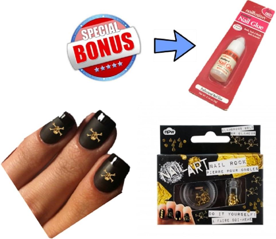 Nail Art Supplies/ Kit with Bonus Professional Instant, Fake Nail Glue for Acrylic Nails - Skulls & Studs, Do It Yourself Decals in Glamorous Gold. Unleash That Wild Side. Order Now, with Confidence, and Instantly Bring Out Your Inner Zombie/ Vampire/ Goth/ Bad Girl Side.