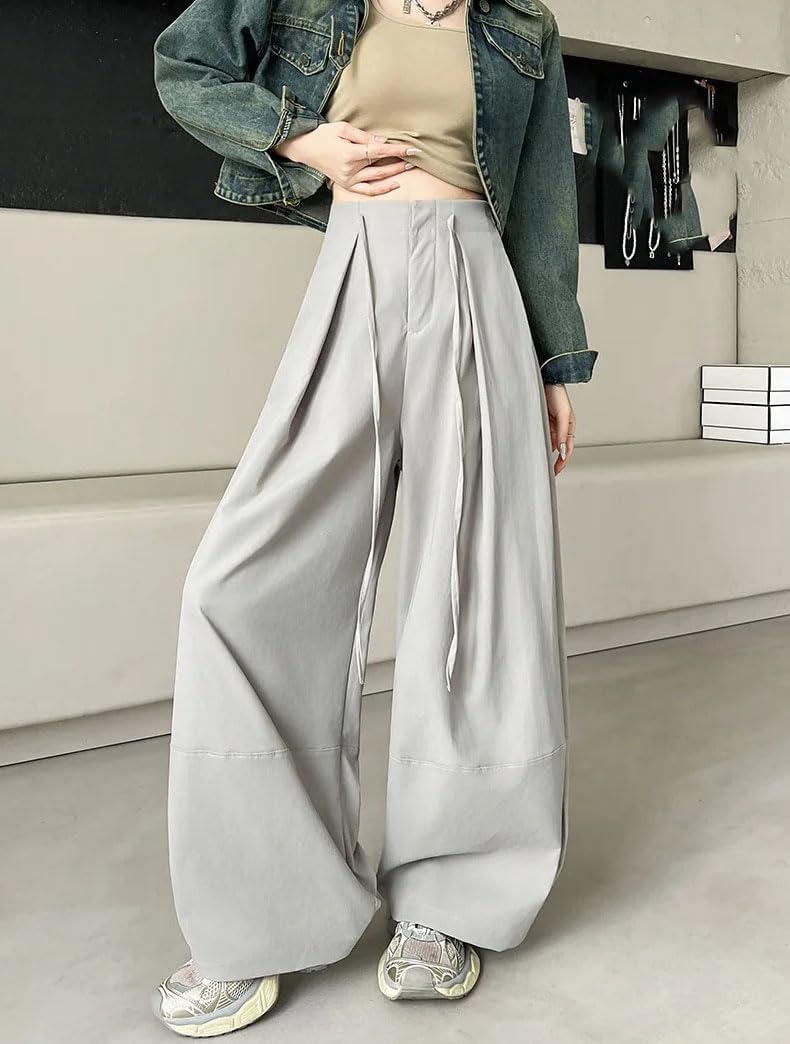 Women's Grey Lazy Bent Knife Pants High Waist Loose Casual Trousers Wide Leg Pants Spring Autumn