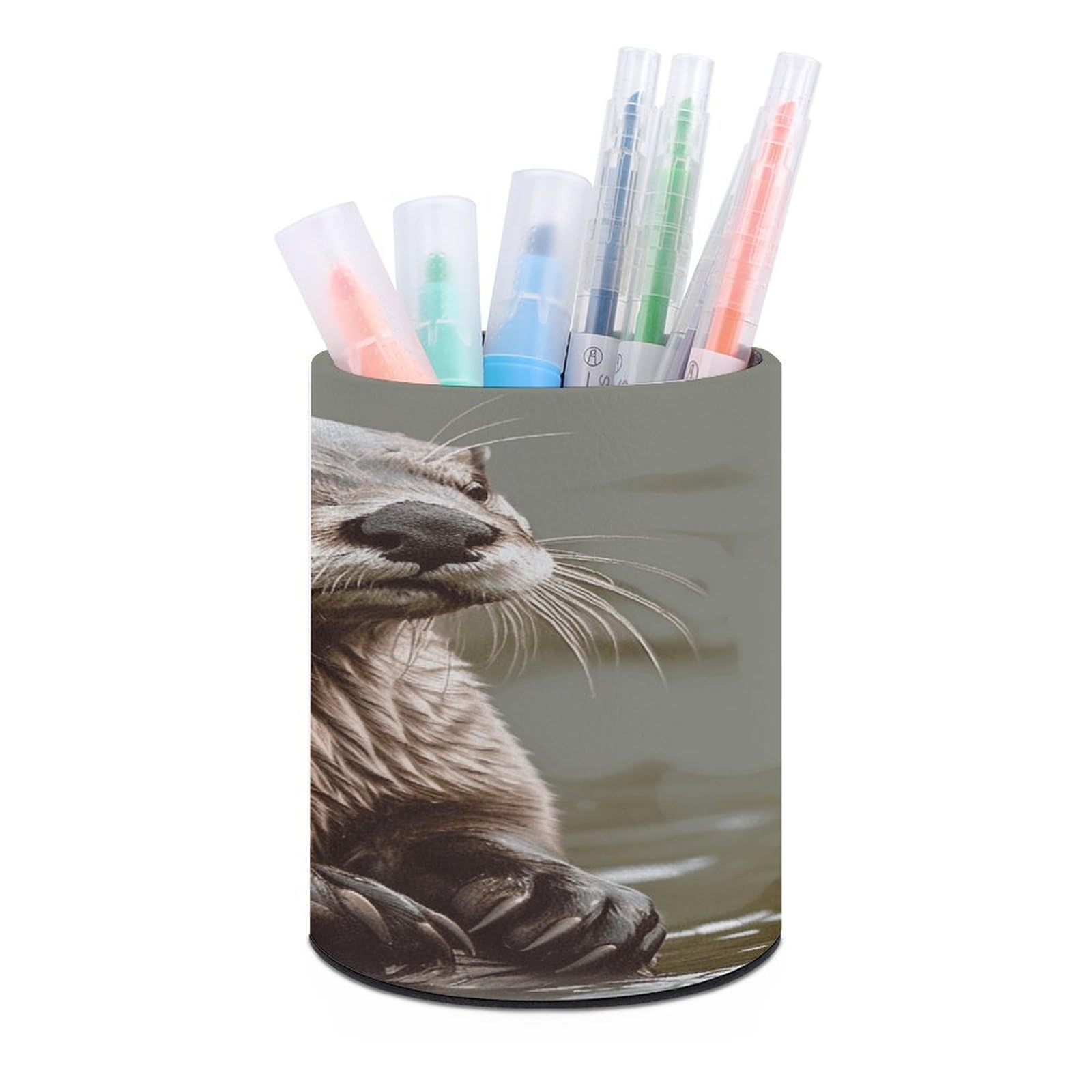 VstaDank Otter Animal Pen Holder PU Leather Pencil Cup Minimalist Desk Pencil Holder Round Make Up Brush Organizers For Office Dorm Room&Vanity Desk Accessories