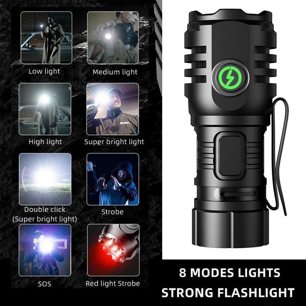 Grid of images demonstrating the 8 lighting modes of the ALONEFIRE H64 Mini LED Flashlight: Low light, Medium light, High light, Super bright light, Double click (Super bright light), Strobe, SOS, and Red light Strobe.