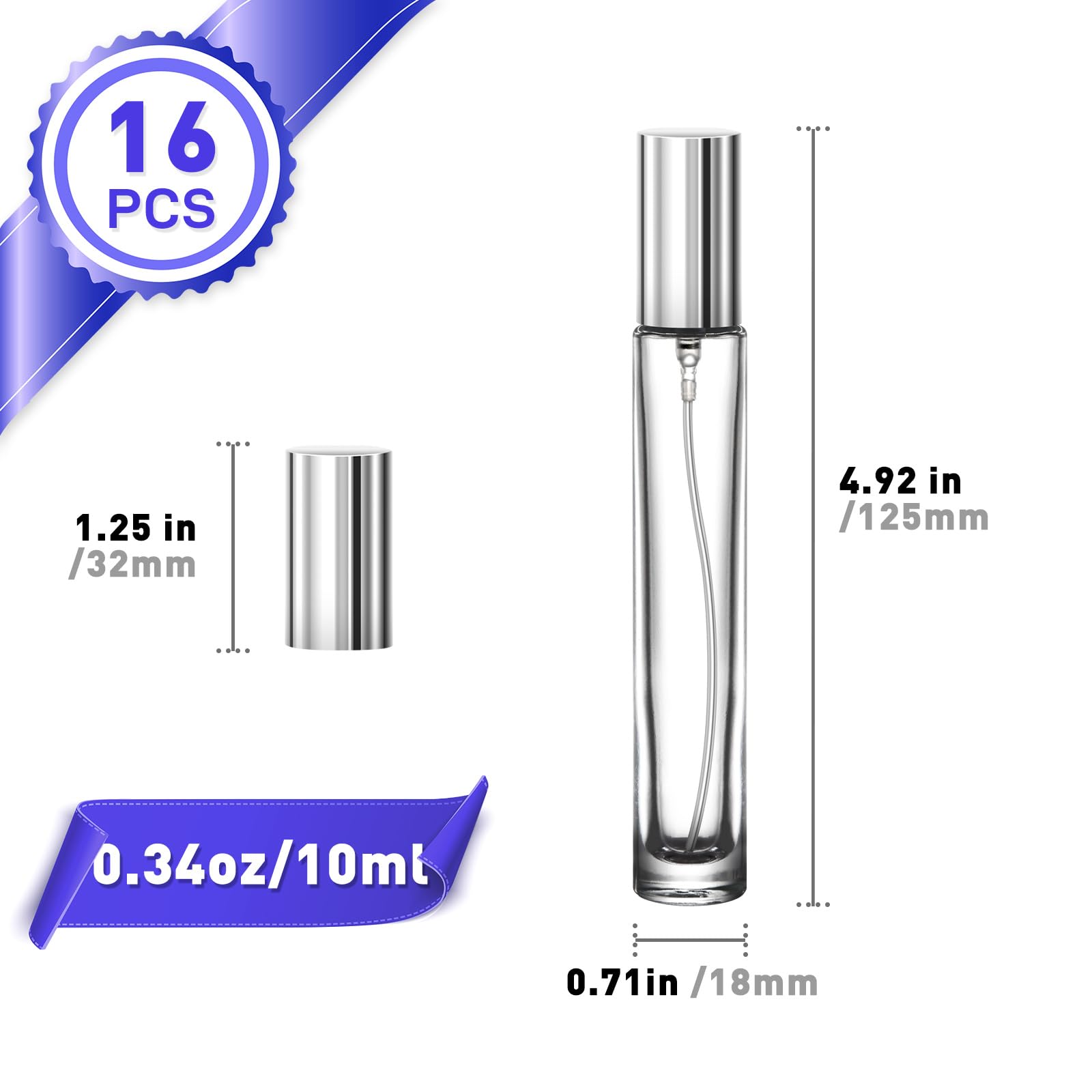 Botella de perfume de viaje recargable, 16 mini recipientes de perfume de vidrio de 10 ml con embudo y etiqueta, botellas de fragancia vacías portátiles a prueba de fugas, kit de botella