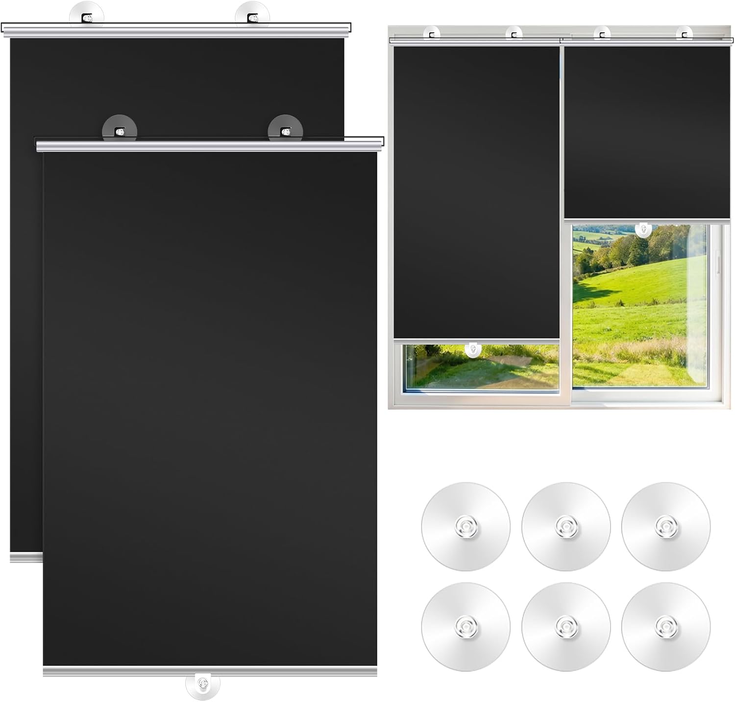 2 Pcs No Drill Blackout Roller Shades with Suction Cups