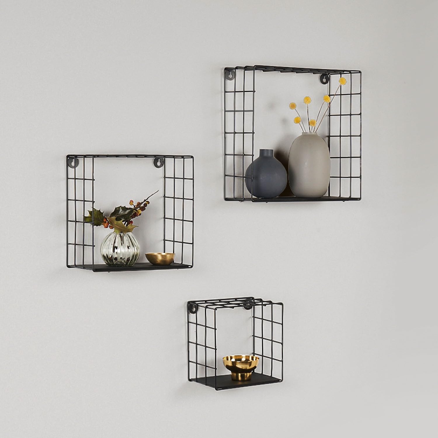 Set di 3 mensole da parete Sidney, moderne, in metallo e legno, colore nero, 30 cm
