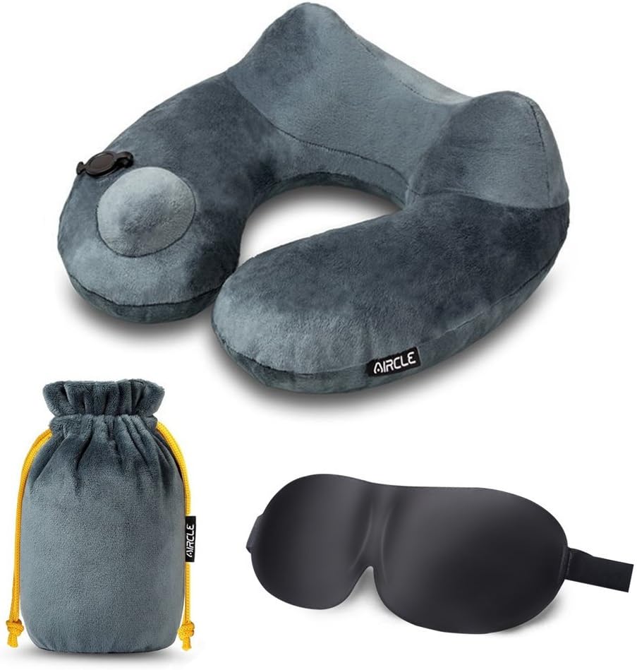 DUERGER Soft Velvet Inflatable Travel Pillow 3D Contoured Sleep Mask Packsack, Neck Pillow Airplanes