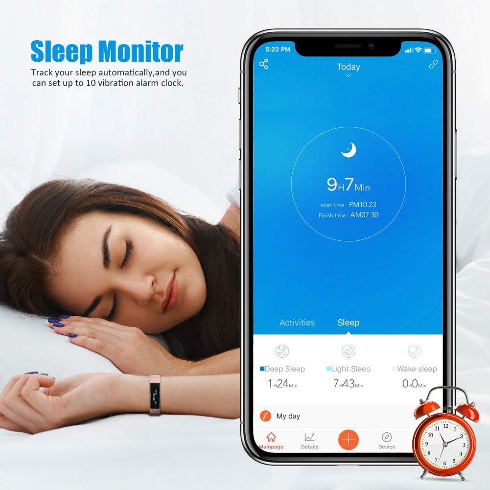 A woman sleeping with a fitness tracker on her wrist, next to a smartphone displaying the VeryFitPro app's sleep monitor interface showing deep, light, and wake sleep durations.