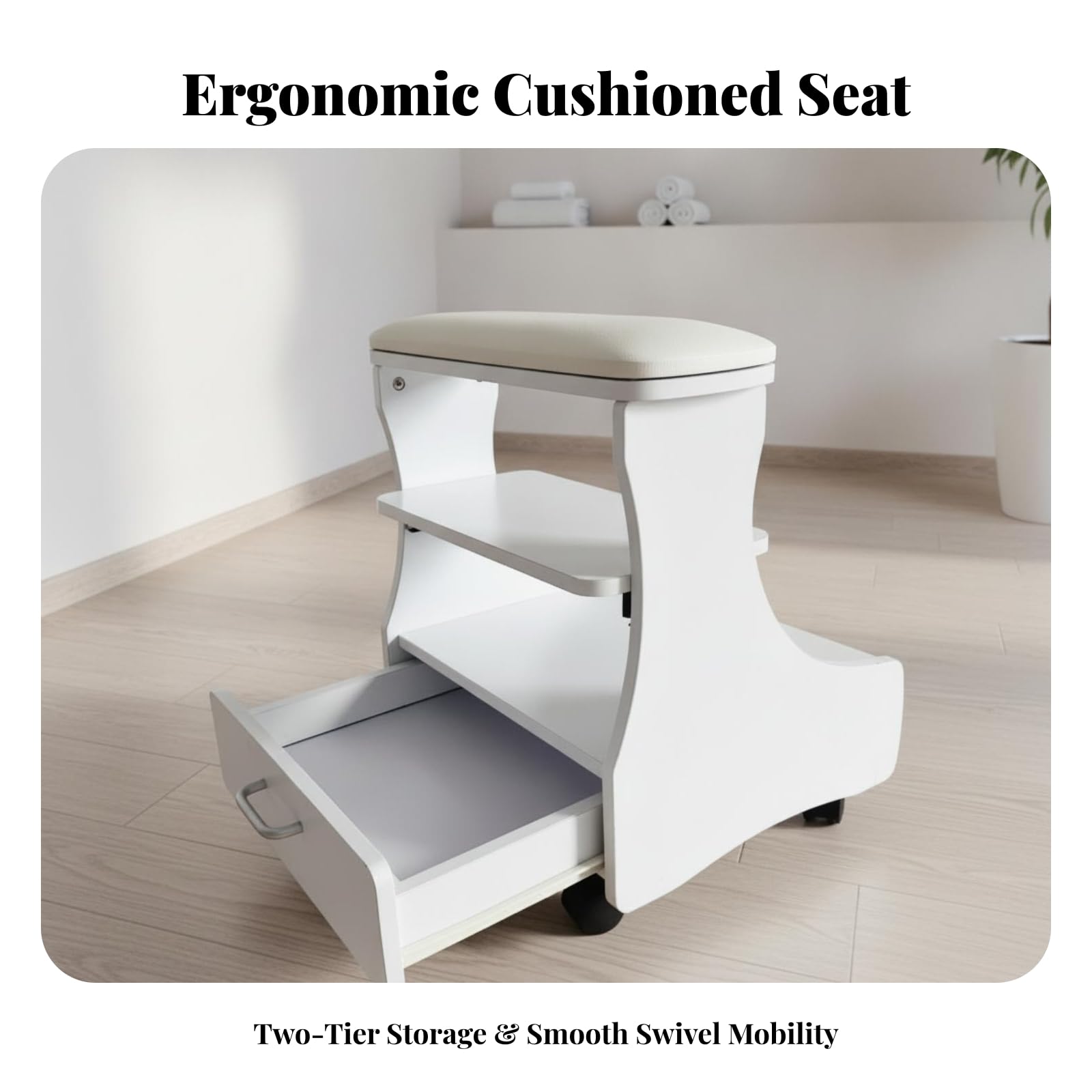 Sgabello per Pedicure con Ripiano | Compatto, Salvaspazio, Sedia per Pedicure, Centro Estetico, Casa, Estetiste, Onicotecniche,