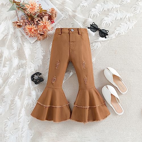 Toddler Baby Girl Bell Bottom Ripped Jeans Kids High Waist Bell-Bottoms Elastic Waist Ruffle Trousers Flare Pants2
