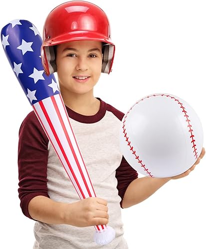 Miniatura 4 de EVERMARKET 2 unidades de bate inflable de béisbol y béisbol con bandera estadounidense, pelota de playa, regalos de fiesta temática deportiva para