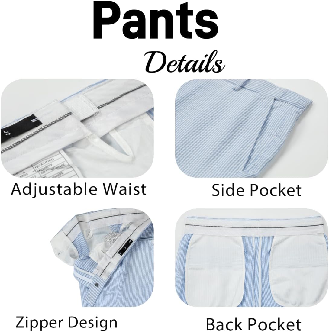 Seersucker Mens Suit Slim Fit 2 Pieces Striped Tuxedos Set Jacket Blazer Pants Double Breasted Summer Suits for Men Prom