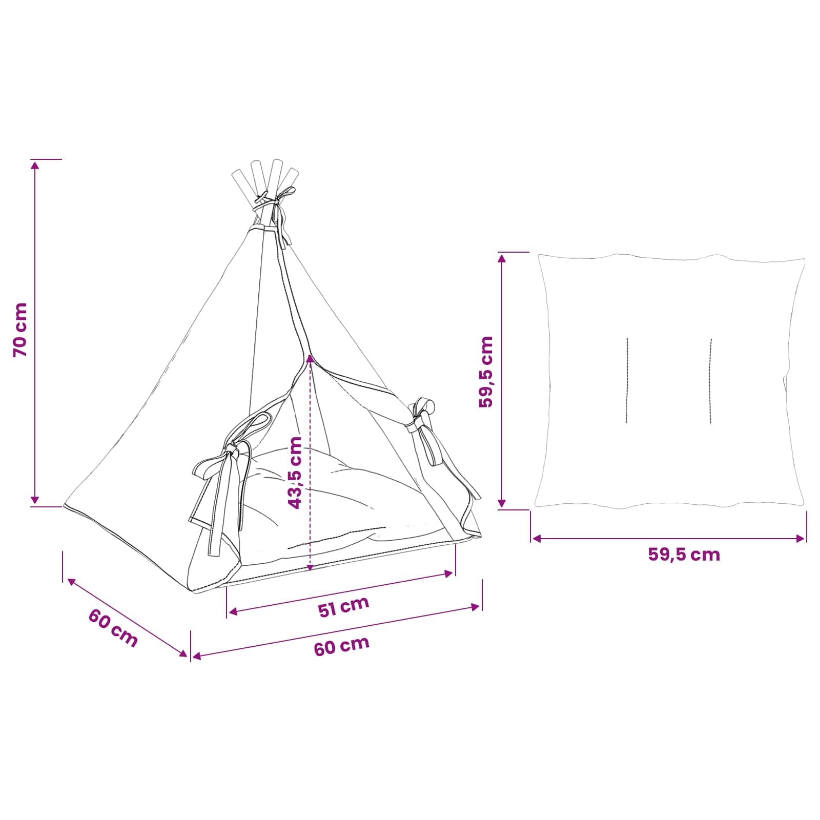 Hothingwell Teepee pour Animaux de Compagnie avec Coussin 60x60x70 cm, tipi Chien intérieur en Polyester, poteaux en pin Massif, Pliable et Facile à Ranger, Rideau avec Cordes de sécurité,