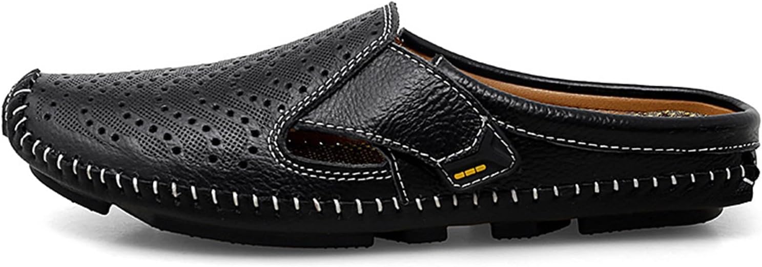 Men's Hollow Closed Toe Sandals Fashion Soft Hand Stitched Hook & Loop Leather Slip-On Fisherman Mules Summer Outdoor Driving Walking Casual Beach Shoes