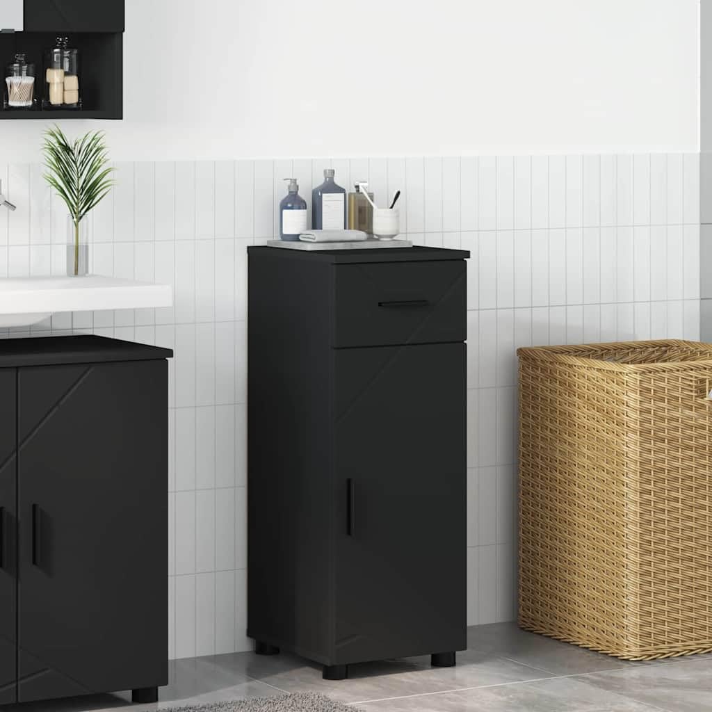 Mobile bagno moderno nero 30 x 35 x 80 cm in legno con elementi metallici cassetto e 2 ante mobili da bagno salvaspazio per piccoli bagni
