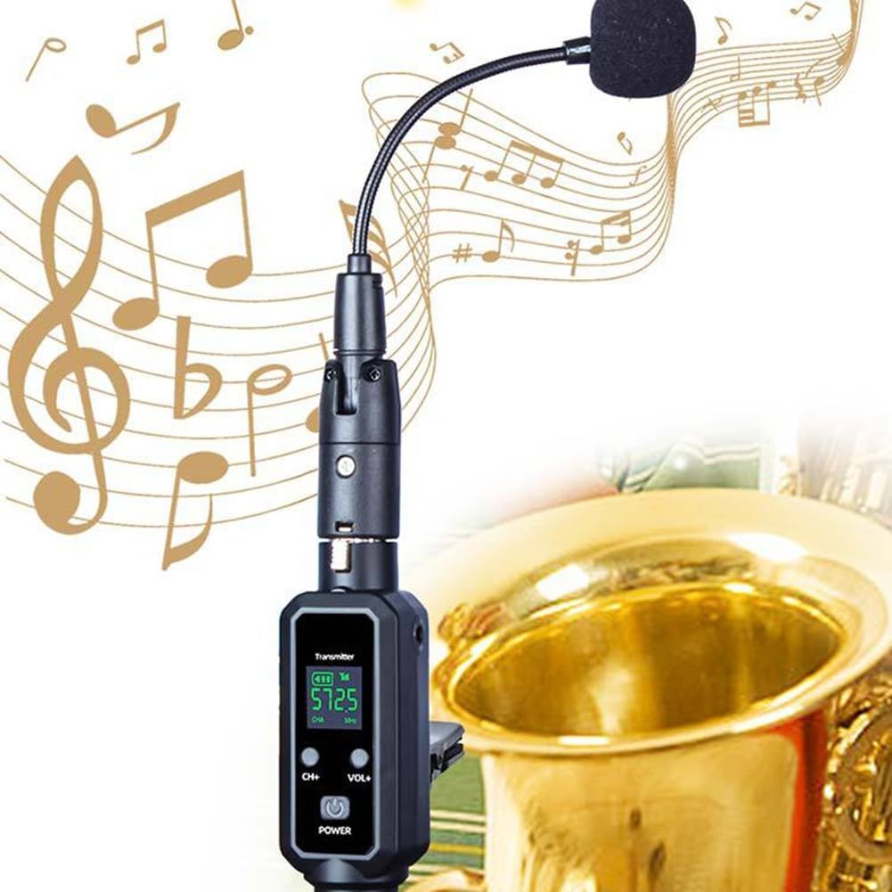 UHF Kabelloses Instrumentenmikrofon für Saxophon, Messing, Violine, kabellos, dynamisches Mikrofon-Set, 800 mAh, für Akku, 6–8 Stunden Spielzeit (1 in 2)