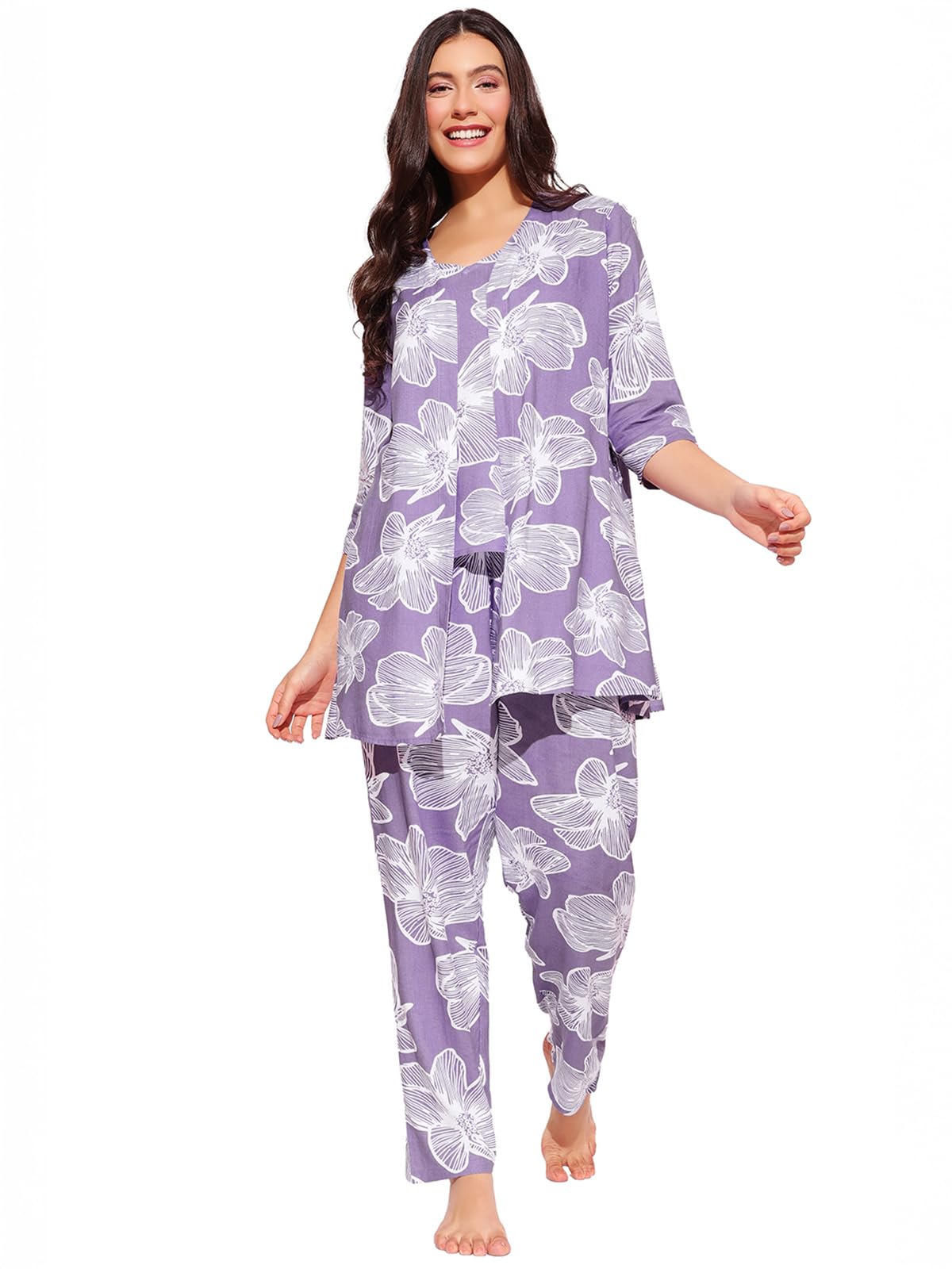 Floral Printed Cami Top, Pyjama & Robe 3 Pc Set in Light Purple Colour-image-11