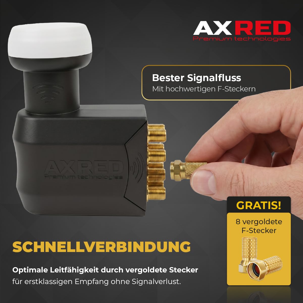 [ Test SEHR GUT, Note 1.0 *] AXRED Octo LNB + Wetterkappe + 8X F-Stecker, Digital 8Fach 4K HD LMB für 8 Teilnehmer mit Wetterschutz Abdeckung, für Fernseher Sat Receiver Satellitenschüssel